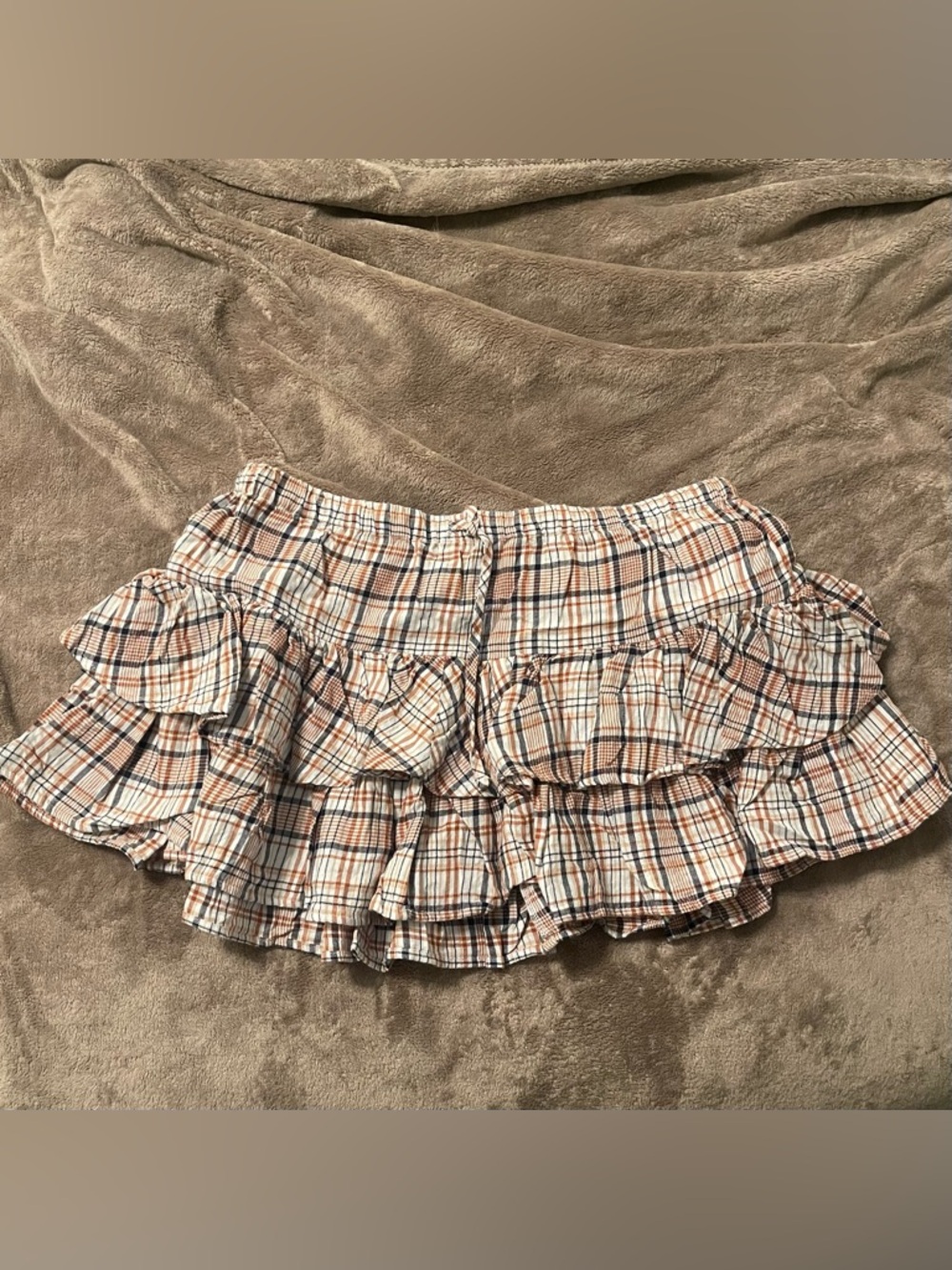 NWOT Divided Plaid Ruffle Cream, Brown and Navy Mini Skirt
